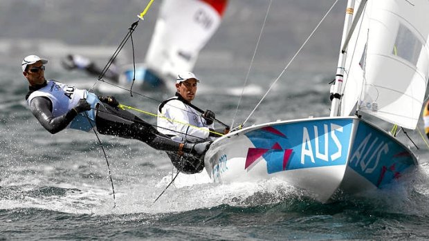 Mathew Belcher and Malcolm Page of Australia sail during the 470 Men's dinghy race.