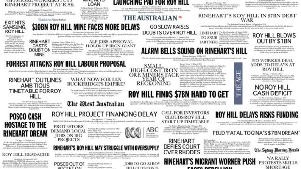 A Hancock Prospecting collage of headlines for media reports that cast doubt on the future of the Roy Hill project.