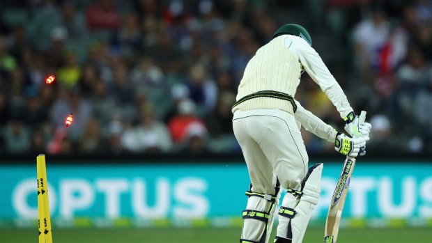 Seeing daylight: Nic Maddinson is dismissed by Kagiso Rabada of South Africa in the day-night Test.