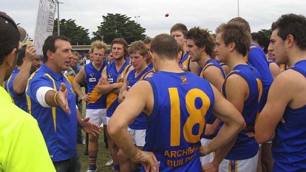 Proud history: Former Geelong star Peter Riccardi addresses his Seagulls players last year.