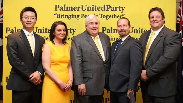 Jacqui Lambie with Clive Palmer and his senate crossbenchers last October, (from left) Dio Wang from Western Australia, Ricky Muir of the Motoring Enthusiast Party, and Glenn Lazarus from Queensland.