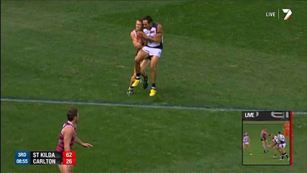 St Kilda's Nathan Wright was substituted as a result of this clash with Carlton's Eddie Betts.