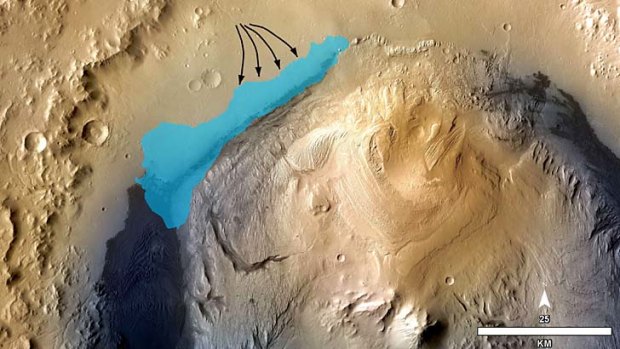 A concept illustration of the possible extent of an ancient lake inside Gale Crater, Mars.
