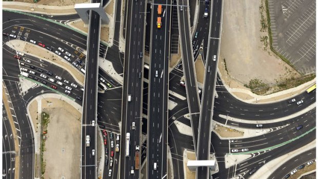 An aerial view of the freeway interchange at Montague Street.