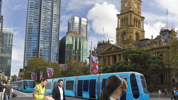 An artist's impression of light rail running past the town hall in George Street, Sydney.