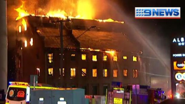 The historic Albion flour mill in flames on Wednesday morning. Photo: Nine News.