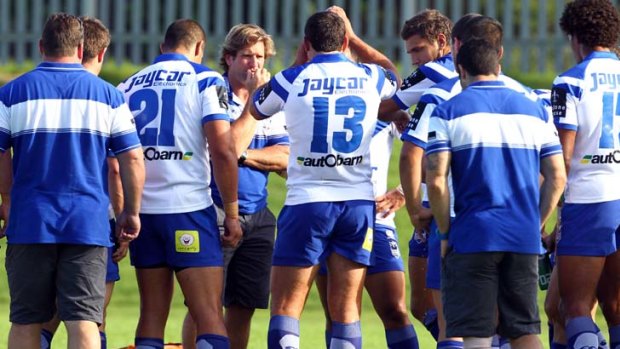 The new boss &#8230; Des Hasler addresses the Bulldogs in a trial that featured good work from Atelea Vea for the Dragons and Canterbury's Shane Pumipi.