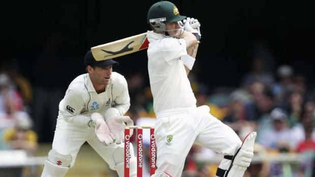 Leading by example &#8230; Michael Clarke hits out against New Zealand yesterday.