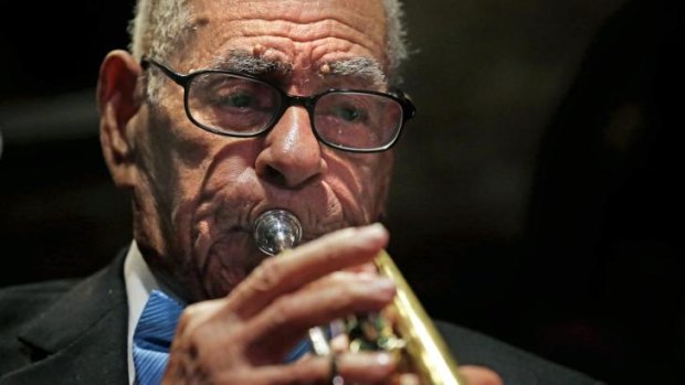 Passing of a legend ... Lionel Ferbos, who died at the weekend aged 103, performs at his 102nd birthday party.