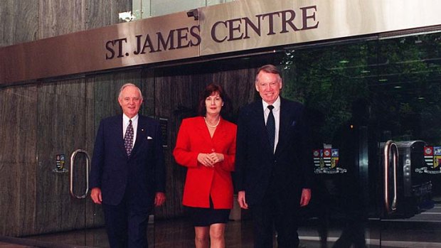 Influential thinker: Sandra Egger leaving the Royal Commission into the NSW police, with Police Board members Don Mackay, left, and George Bennett, in 1996.