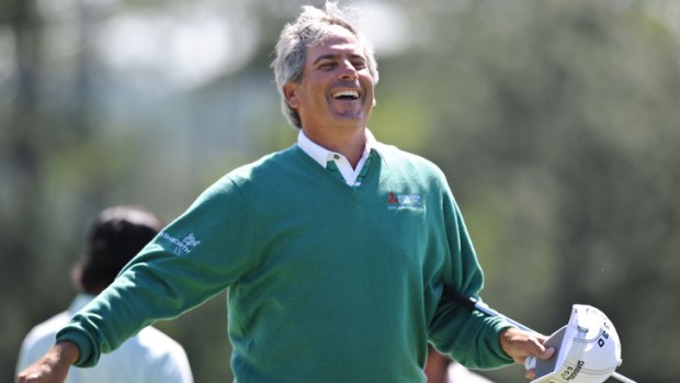 Loving it: Fred Couples is thrilled on  taking a share of the lead after the second round of the US Masters at Augusta.