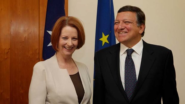 European Commission President Jose Manuel Barroso and Prime Minister Julia Gillard yesterday.