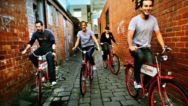 Little Creatures Dining Hall staff Brett (from left), Sarah, Alanna and Trent use company bikes to run errands and to ride to and from  work to ease congestion in Fitzroy.