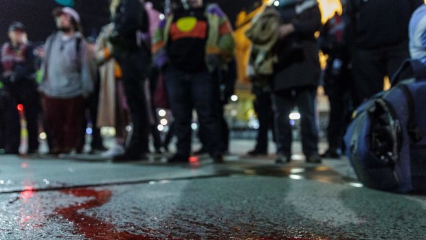 A young indigenous man was arrested after spilling red paint on Flinders Street, during the Rally for Elijah Doughty in Melbourne.