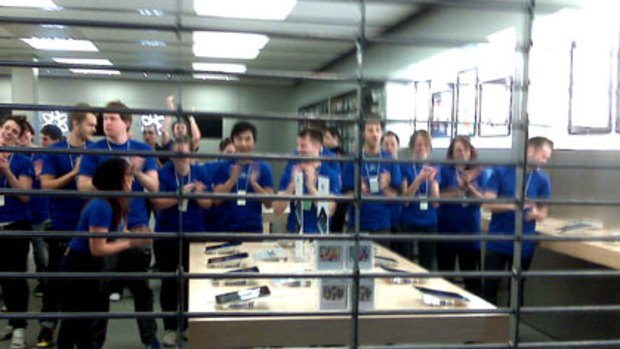 Staff at Chadstone's Apple Store on the cusp of co-ordinated craziness.