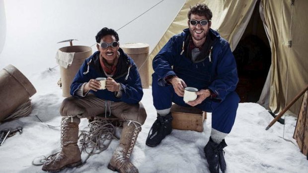Sonam Sherpa as Tenzing Norgay and Chad Moffitt as Edmund Hillary in the film <i>Beyond The Edge</i>.