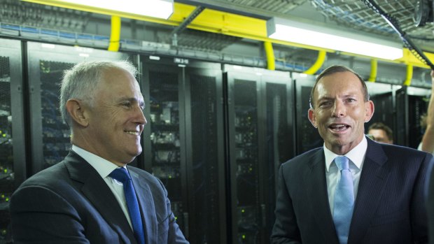 Malcolm Turnbull and Tony Abbott touring the facilities at the Sydney Fox Sports studio.