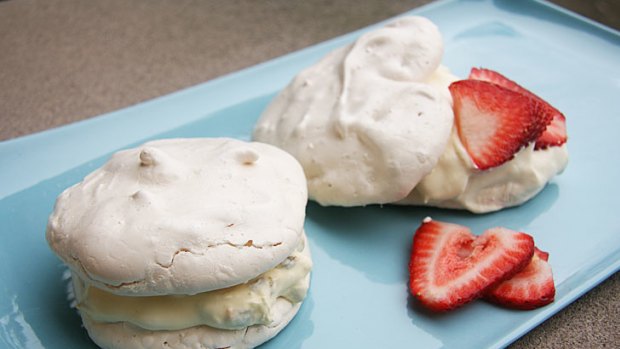 Versatile dessert ... Round meringues with passionfruit cream, and heart-shaped meringues with strawberries and cream.