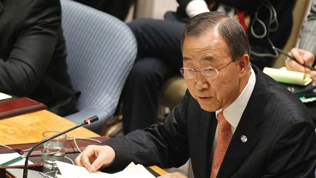 Secretary-General Ban Ki-moon addresses the United Nations Security Council urging quick action on a proposed package of sanctions against Libya.