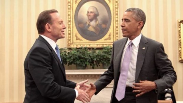 Barack Obama meets Tony Abbott in the White House, saying “Aussies know how to fight, and I like having them in a foxhole if we're in trouble".