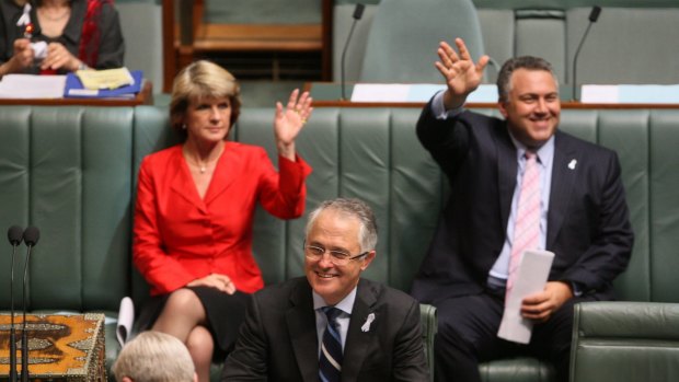 Malcolm Turnbull as opposition leader in 2009, with then deputy opposition leader Julie Bishop and shadow treasurer joe Hockey behind him. 