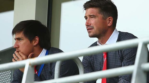 Harry Kewell looks on from the stands during the round eight A-League match between the Heart and Adelaide United on December 1.