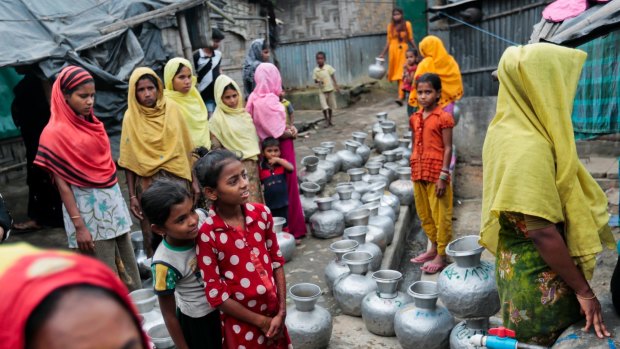 Displaced Rohingya women and children in a refugee camp south of Dhaka, Bangladesh. 
