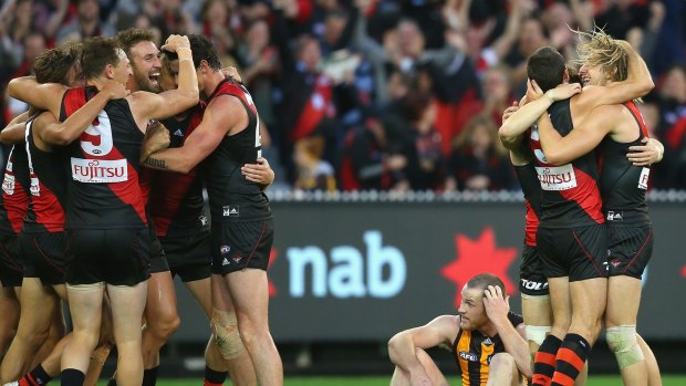 Essendon players celebrate their win as Jarryd Roughead of the Hawks sits dejected on the ground.