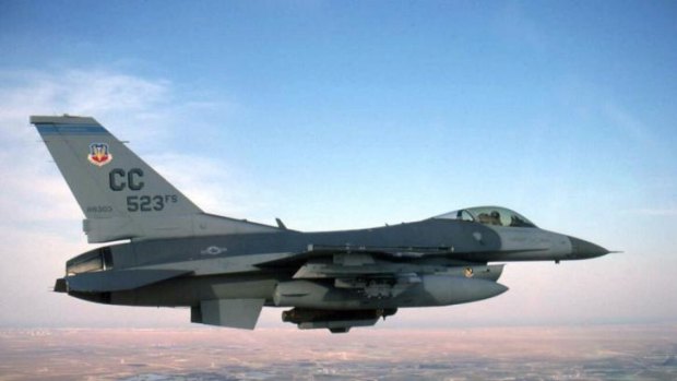 Scrambled: A US Air Force F-16 fighter.