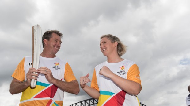 Glenn McGrath and Liesal Jones during the Commonwealth Games Baton relay on Saturday.