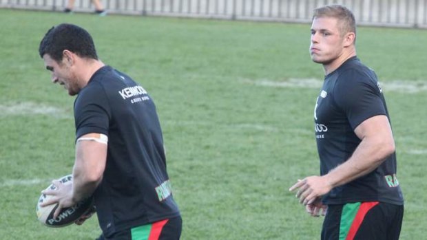 Twin trade-off: Tom Burgess (right) trains with Souths at Redfern Oval in place of suspended twin brother George, for what could be his NRL debut against Parramatta on Sunday.