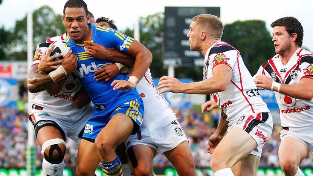 Hard man to ground: Parramatta's Will Hopoate.