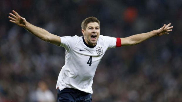 Steven Gerrard celebrates his goal against Poland this week.