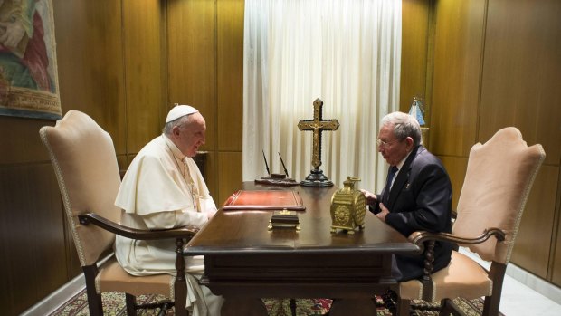 Pope Francis meets Cuban President Raul Castro during a private audience at the Vatican on Sunday.