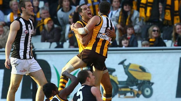 Clinton Young of the Hawks is congratulated by Lance Franklin after kicking a goal late in Hawthorn's come-from-behind win over Collingwood, round 22, 2010.