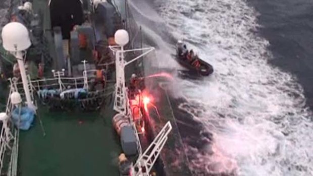Anti-whaling activists attack a Japanese harpoon ship with incendiary devices.