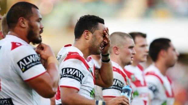 Hammered: Benji Marshall feels the pain of yet another try to the Eels on Saturday.