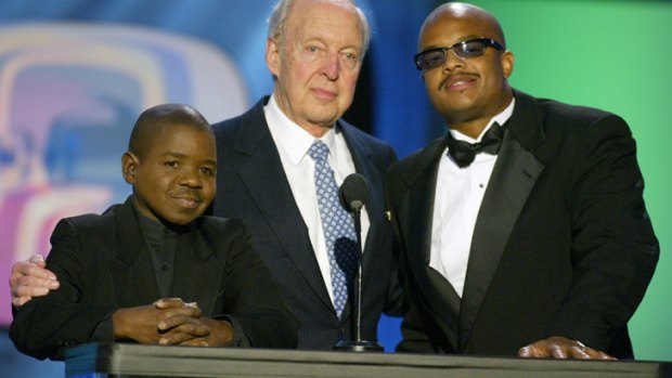 Conrad Bain, centre, with Diff'rent Strokes co-stars Gary Coleman, left, and Todd Bridges, pictured in 2003.