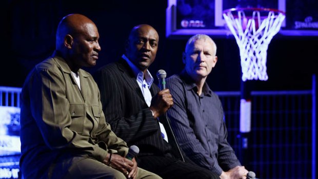 Cal Bruton, Leroy Loggins and Ray Borner speak on stage during the 2013/14 NBL official season launch.