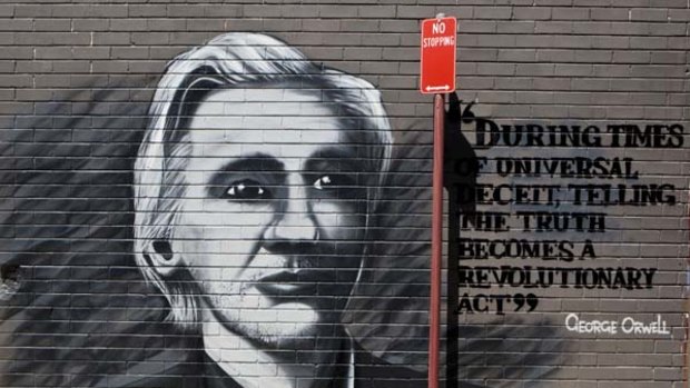 Immortalised ... an image of Julian Assange has appeared in a Stanmore laneway.