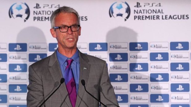 David Gallop speaks to the media on Monday during the NPL finals series and partnership launch at AAMI Park.