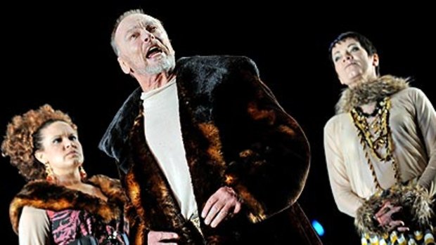 John Bell playing King Lear, with Leah Purcell (left) who plays Regan and Jane Montgomery Griffiths playing Goneril.