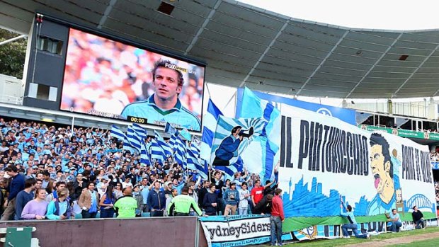 Paint it blue ... fans in the Cove show their support for Sydney FC's Italian maestro.
