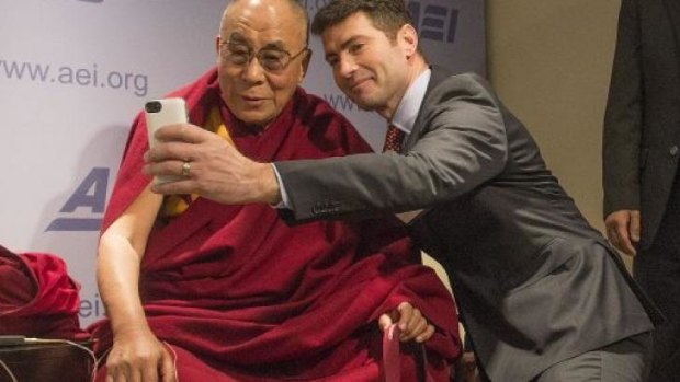 Selfie: Alek Boyd with the Dalai Lama at the American Enterprise Institute in Washington last week.
