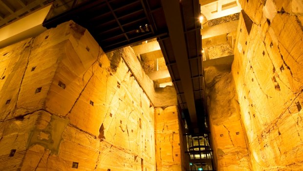 The lowest level of the Museum of Old and New Art includes a 240-million-year-old, 12-metre-high sandstone wall, a full cocktail bar, and various artworks. 