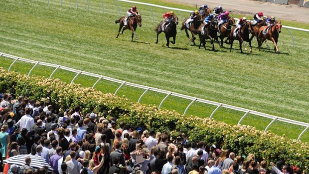 The crowds at Flemington watch the Momentum Energy Stakes.