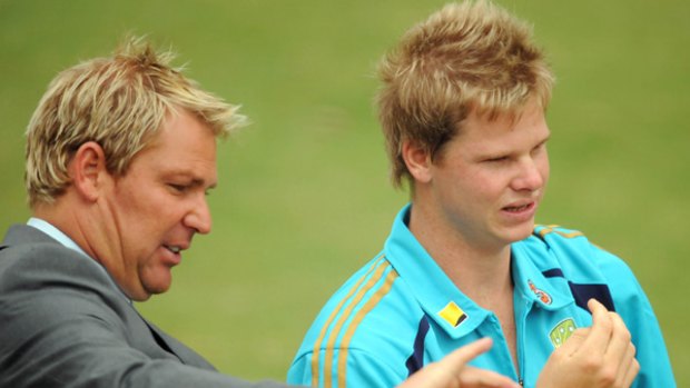 Leg-spinner Shane Warne giving some advice to Steve Smith on Boxing Day. Smith feels the tutorial has improved his bowling and everything is coming together.