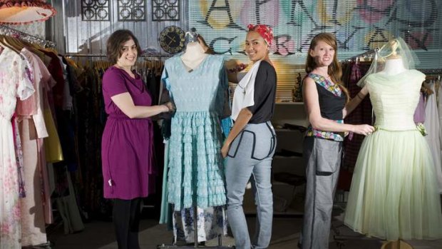 Environmentally sound designers Hannah Parris of the label Audrey Blue, Suzan Dlouhy of SZN and Kelli Donovan of Pure Pod wear their clothes inside out in a global day of action to commemorate the loss of more than 1000 Bangladesh garment workers last year.