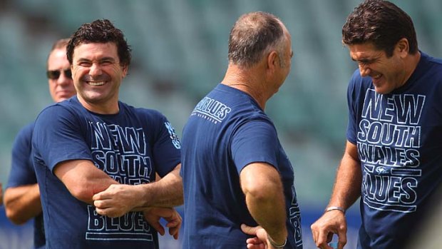 Happy hooker . . . Benny Elias, Max Krilich and Mario Fenech share a laugh at a touch match involving former NSW Origin greats yesterday.
