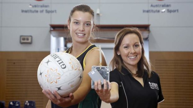 Sport,  from left, U-21 World Youth Squad member Micaela Wilson and Victoria University PHD student Alice Sweeting with a RF tracking system at AIS.